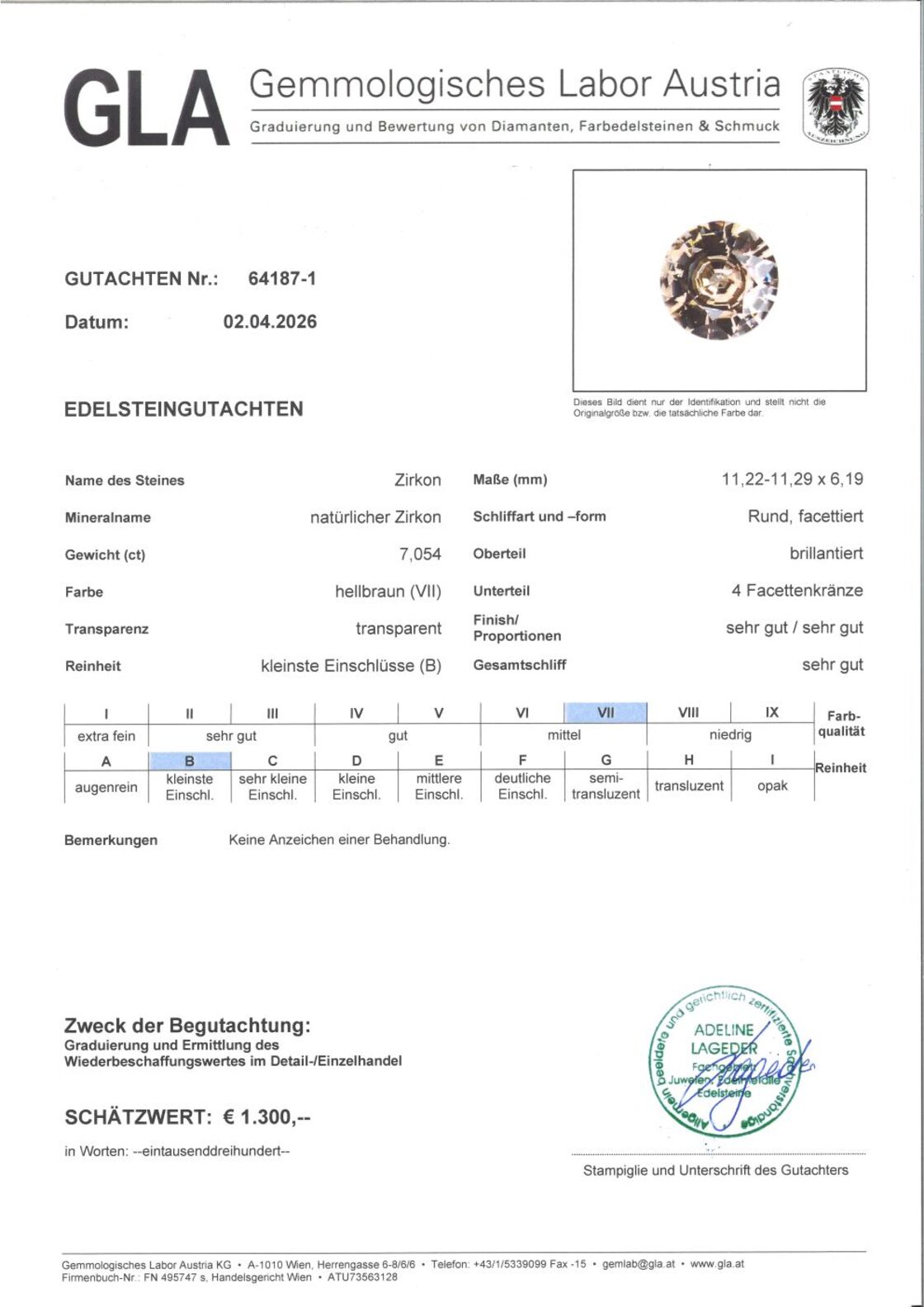 Gutachten zu Zircon round light brown 7.05 ct