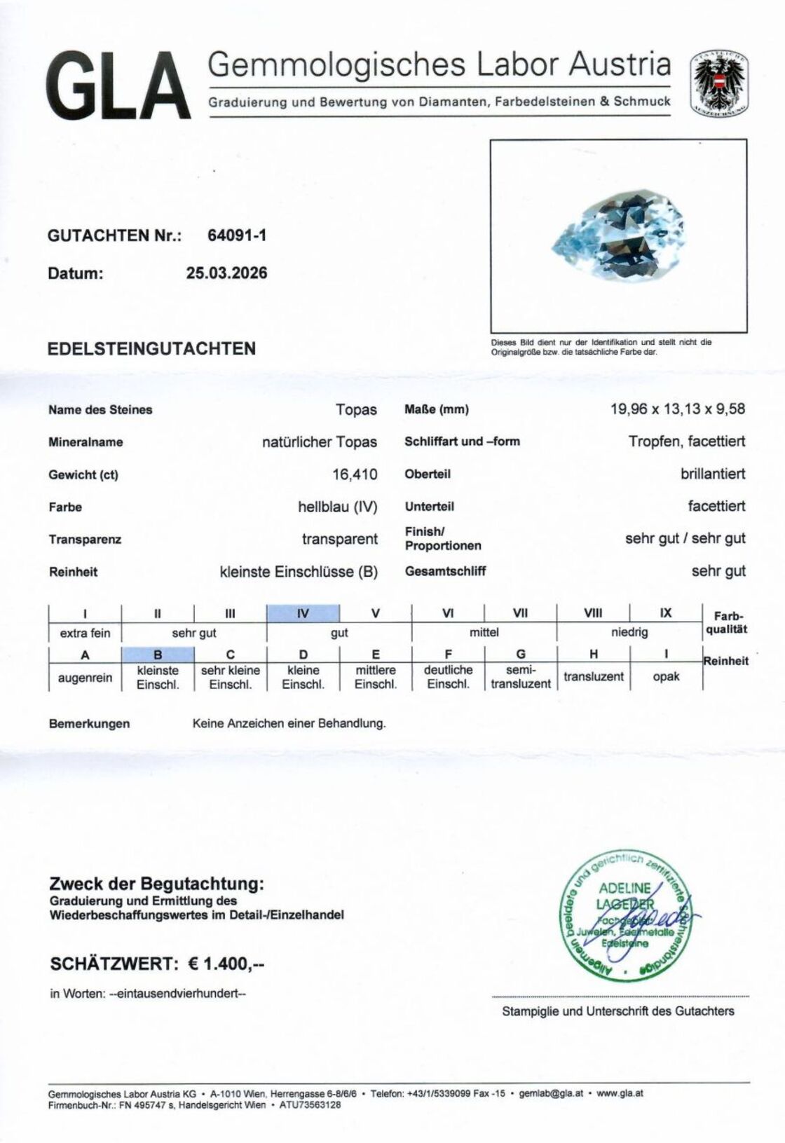 Gutachten zu Topas Tropfen hellblau unbehandelt 16,41 ct.