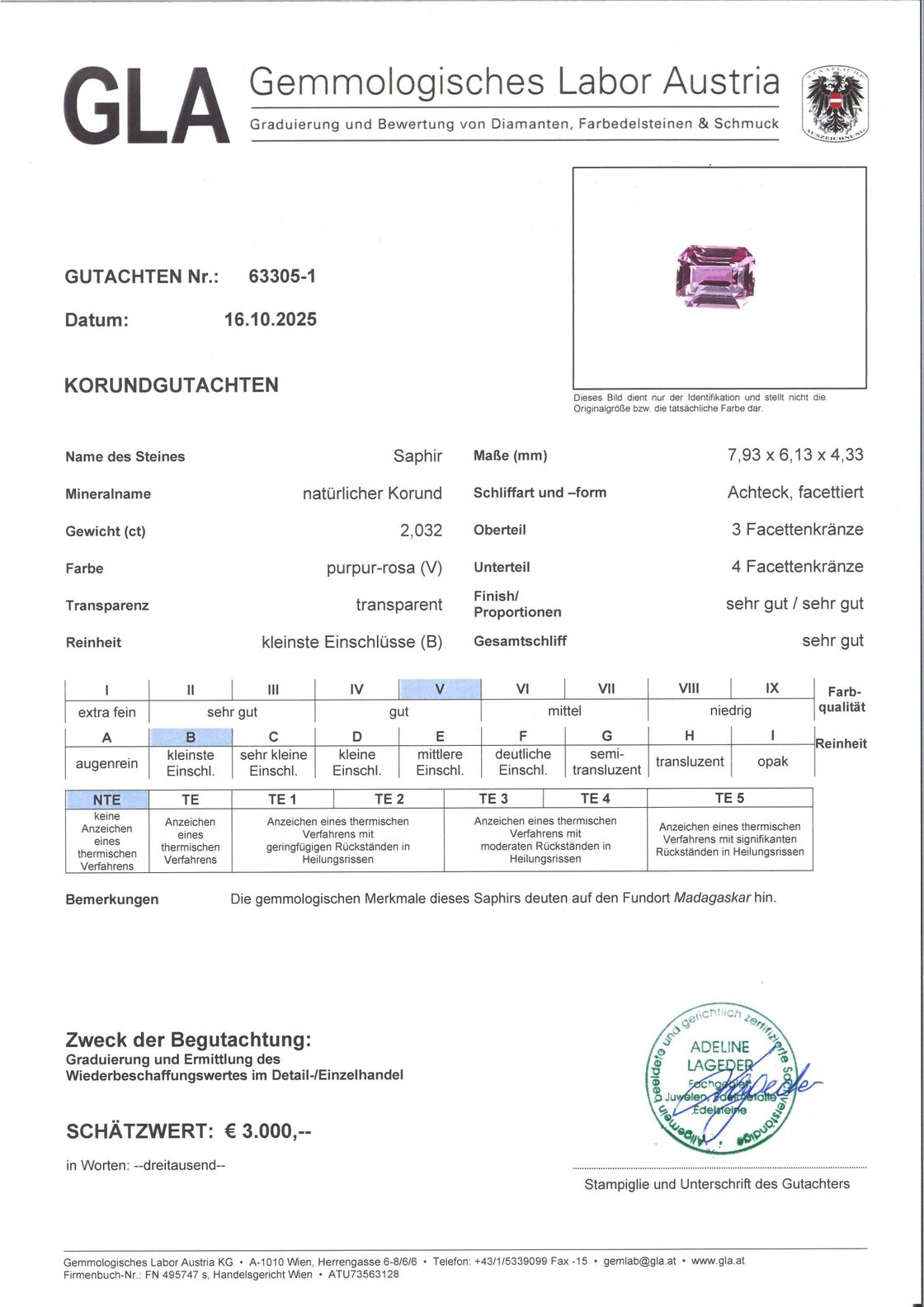 Gutachten zu Sapphire octagon purplish pink untreated 2.03 ct.