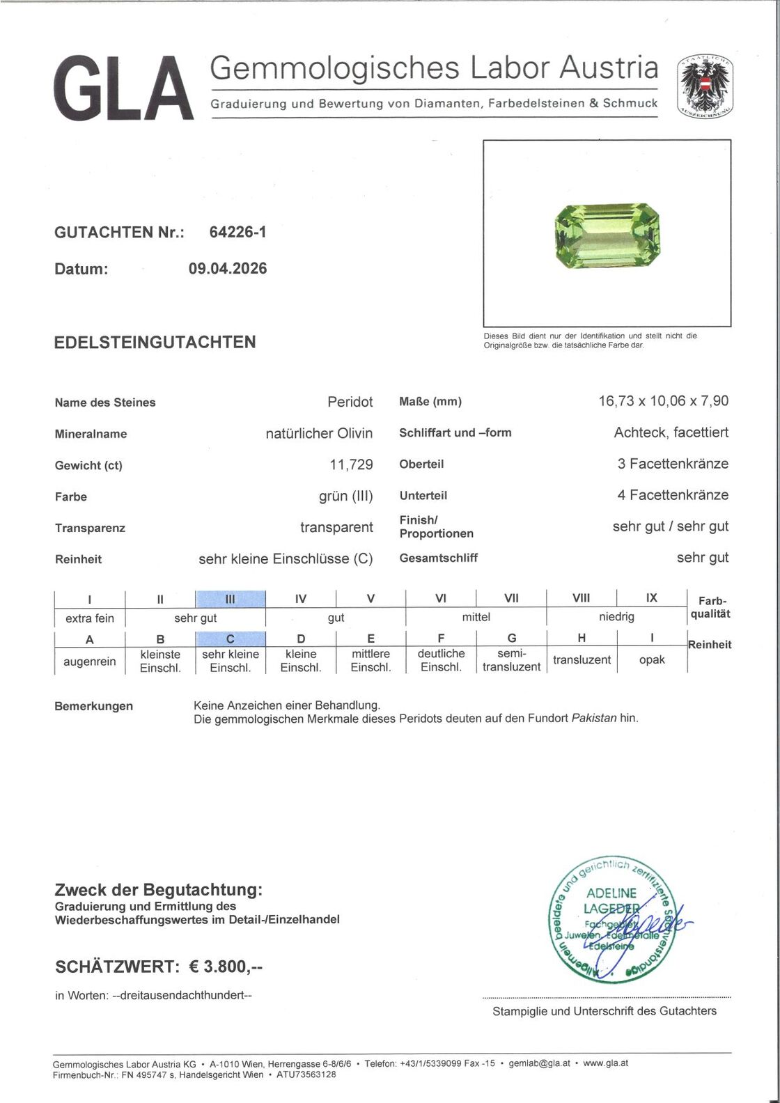 Gutachten zu Peridot octagon intensives Hellgrün unbehandelt 11,72 ct.