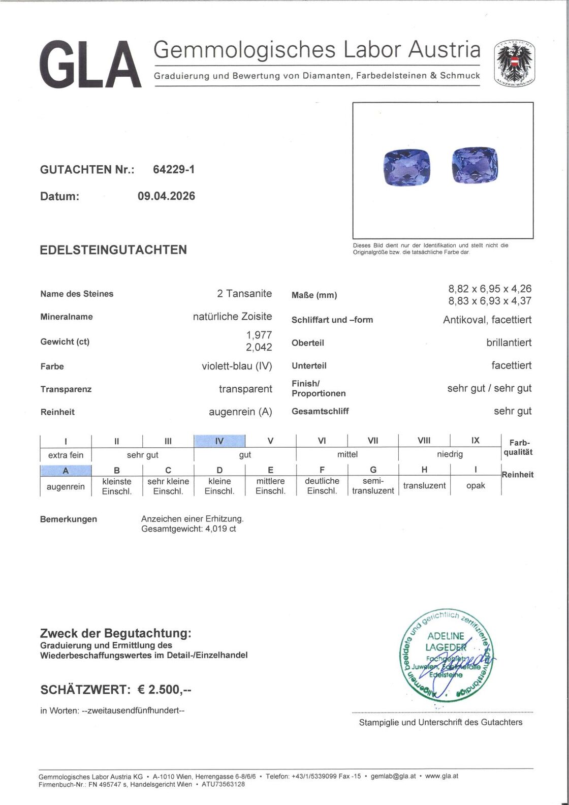 Gutachten zu Tansanit Duo antik blau 4,01 ct.