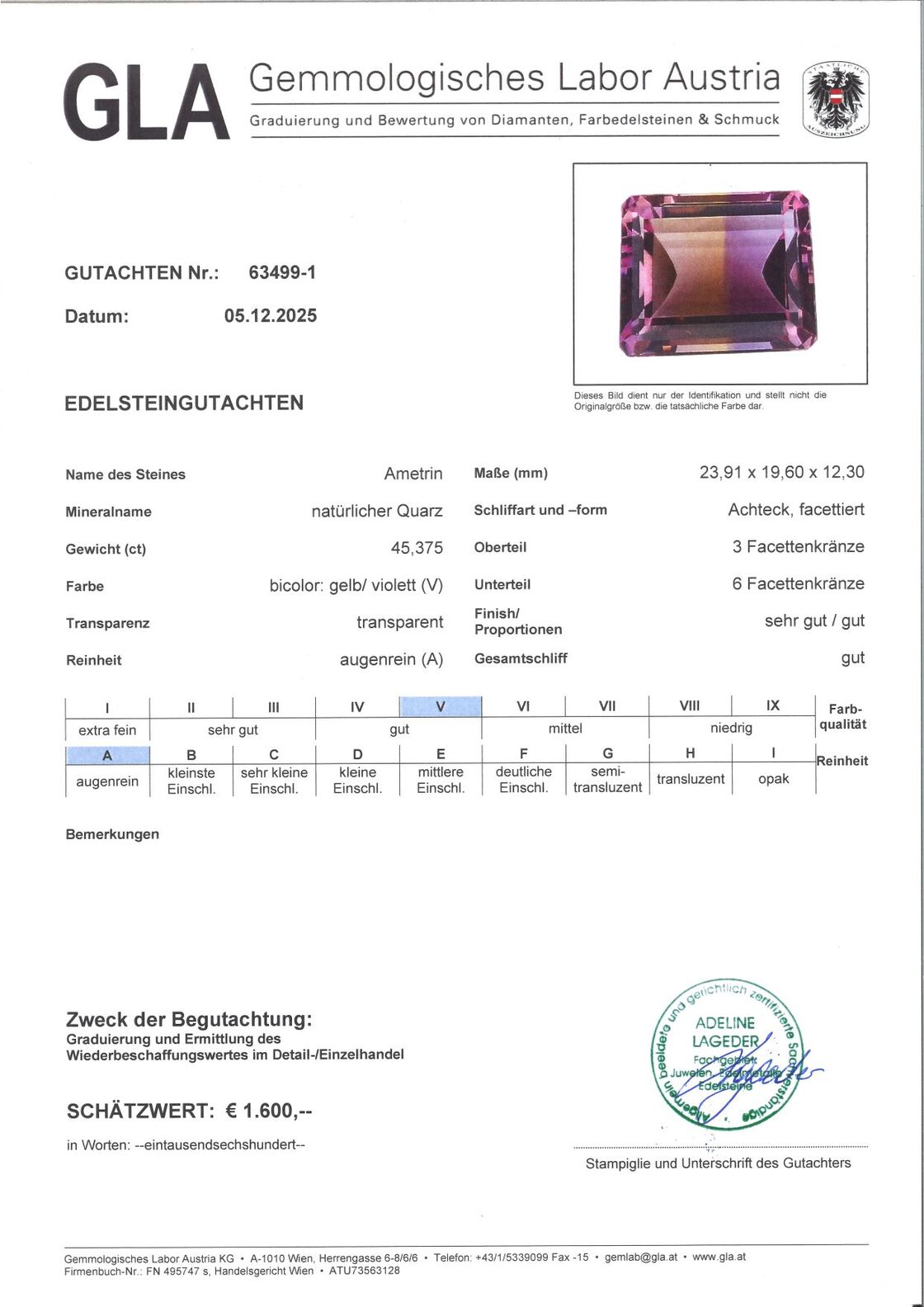 Gutachten zu Ametrine octagon violett+gelb 45.37 ct.