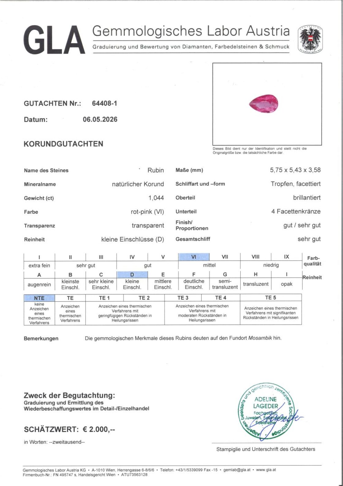 Gutachten zu Rubin Tropfen pink-rot unbehandelt 1,04 ct.
