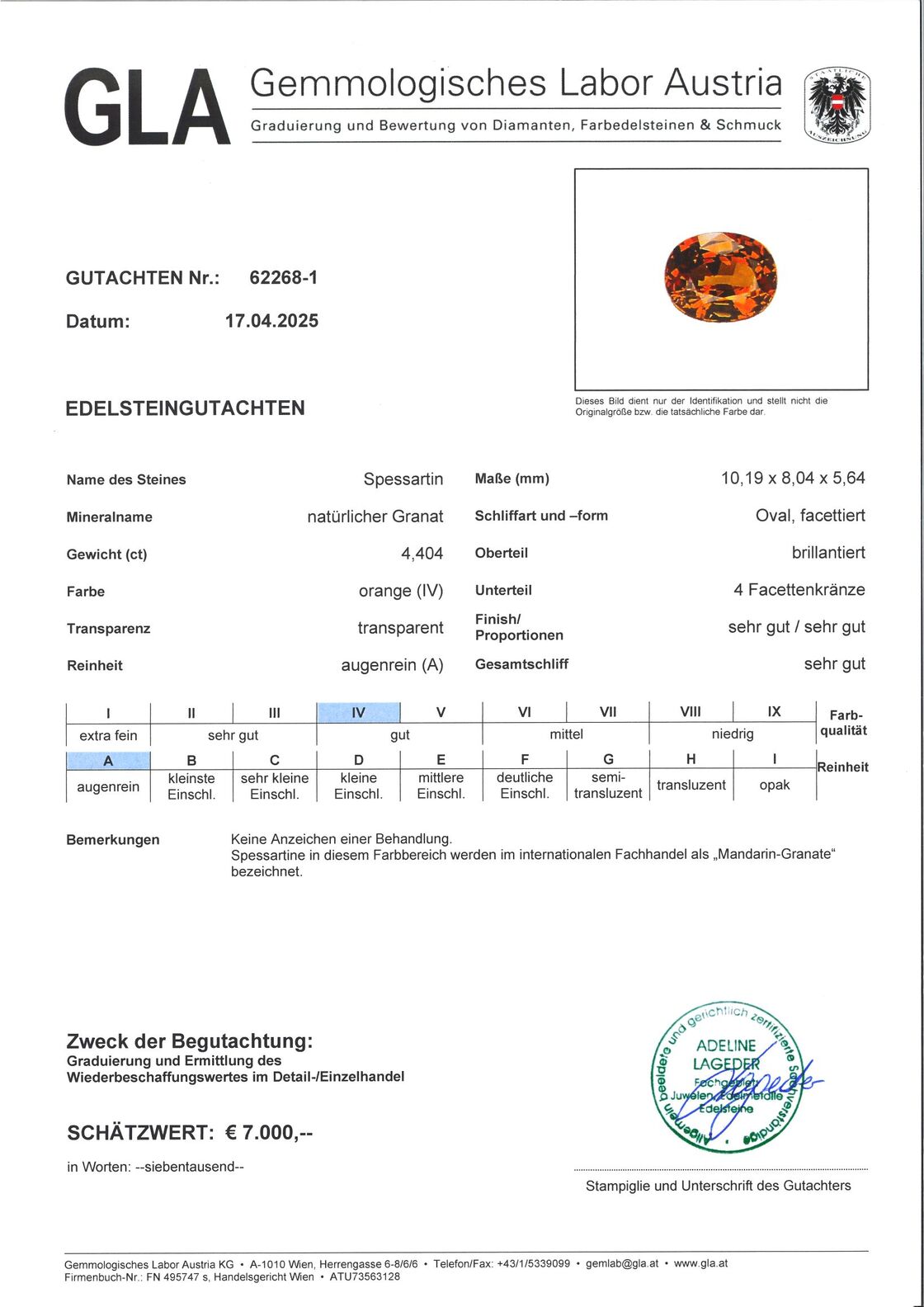 Gutachten zu Mandarin Garnet oval orange 4.40 ct.