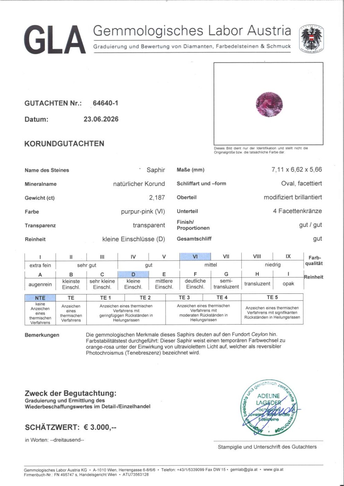 Gutachten zu Saphir oval purpur-pink unbehandelt 2,18 ct.