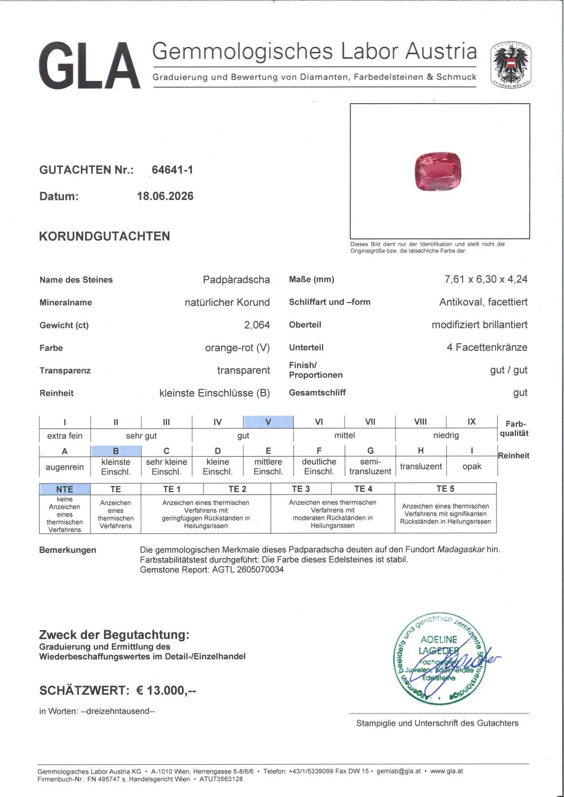 Gutachten zu Padparadscha Sapphire cushion orange-rot untreated 2.06 ct.