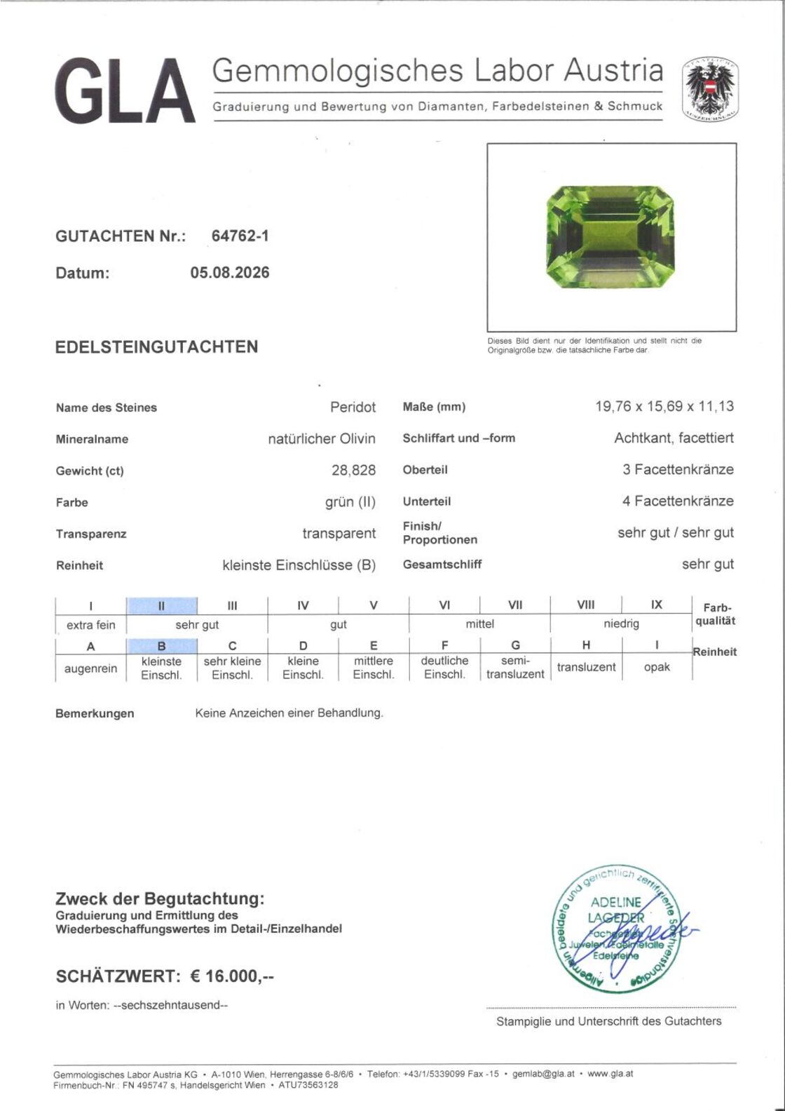 Gutachten zu Peridot octagon intensives Grün unbehandelt 28,828ct
