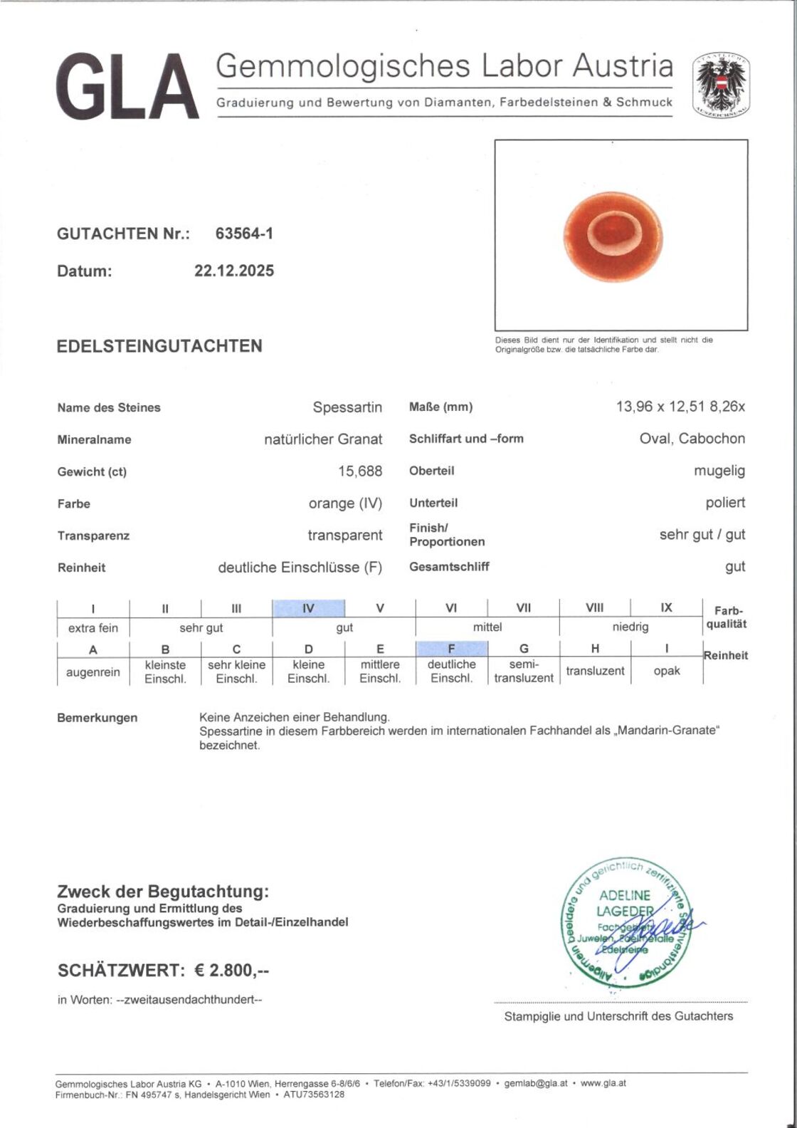 Gutachten zu Mandarin-Granat cabochon oval orange 15.68 ct.