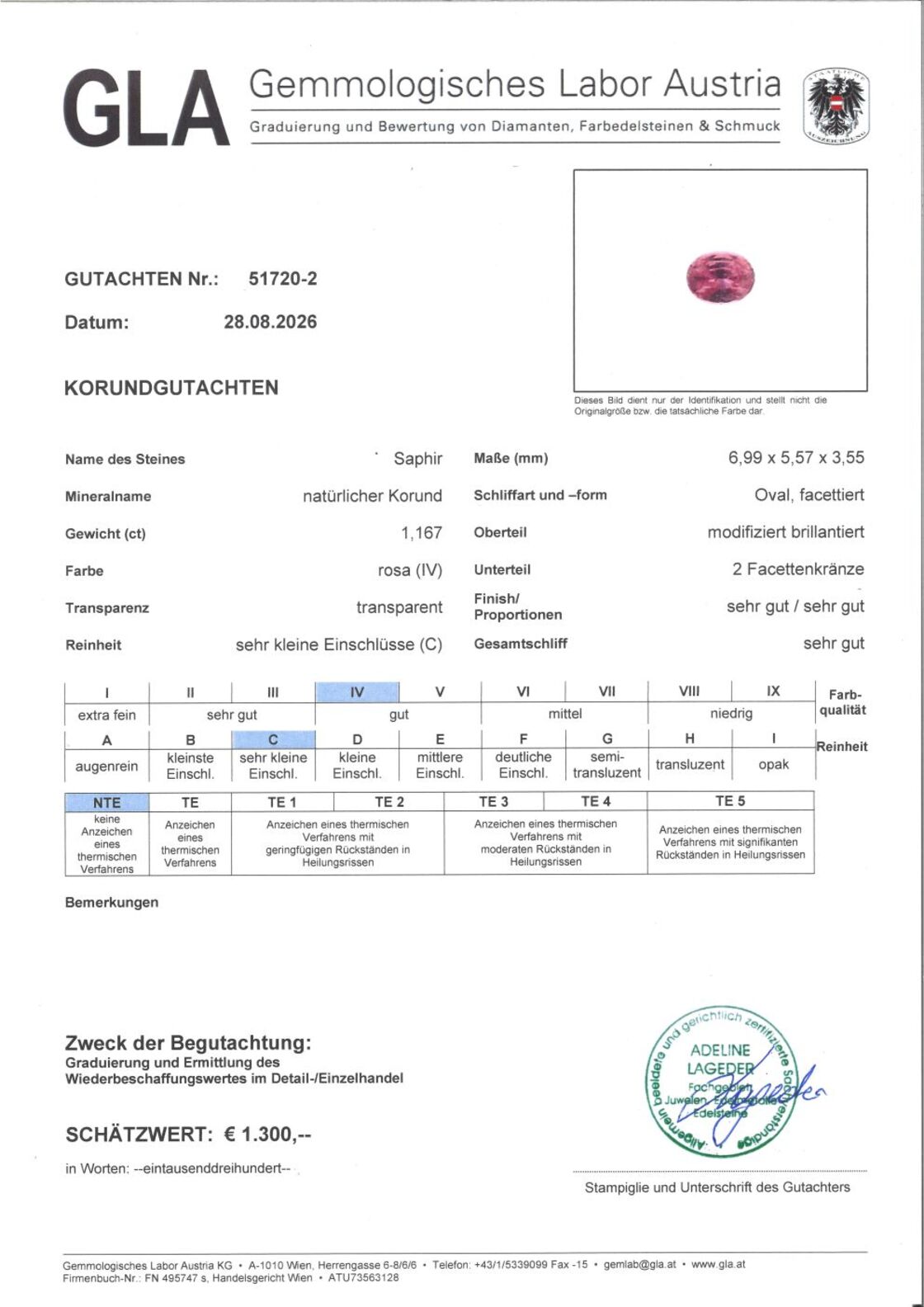 Gutachten zu Sapphire oval pink untreated 1.167 ct.