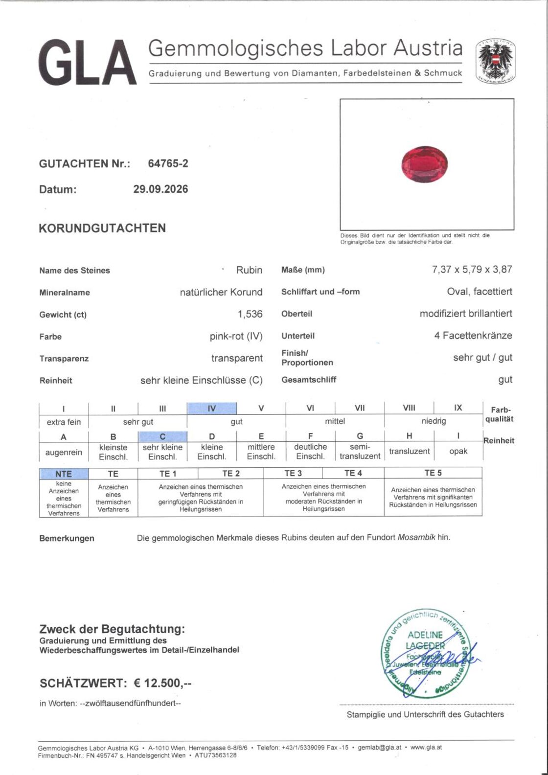 Gutachten zu Rubin oval pink-rot unbehandelt 1,536 ct