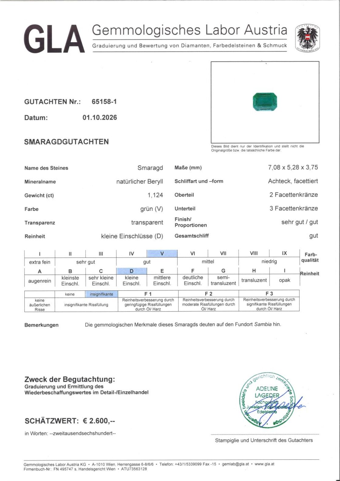 Gutachten zu Smaragd Beryll octagon grün 1,12 ct