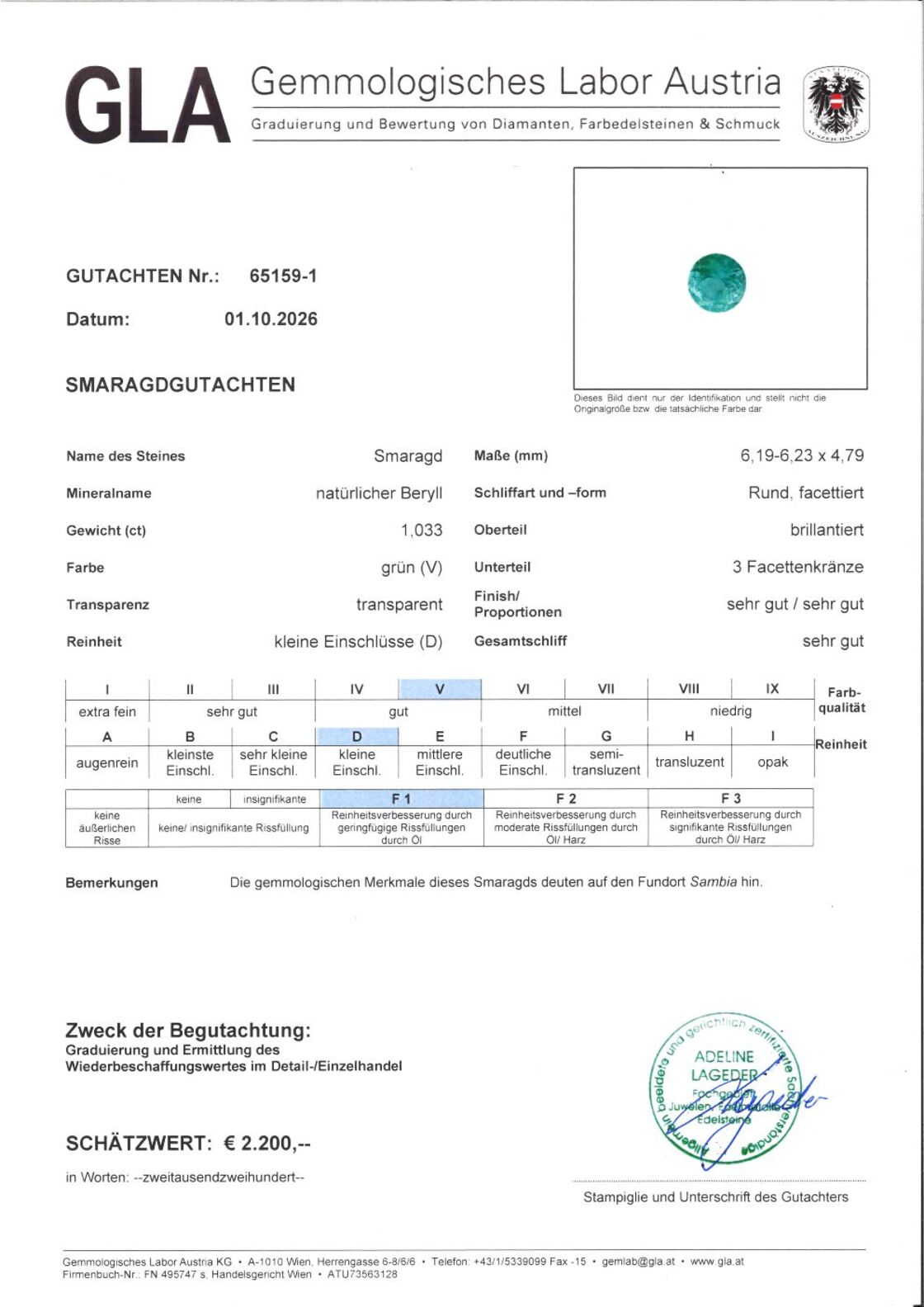 Gutachten zu Smaragd Beryll rund grün 1,03 ct.