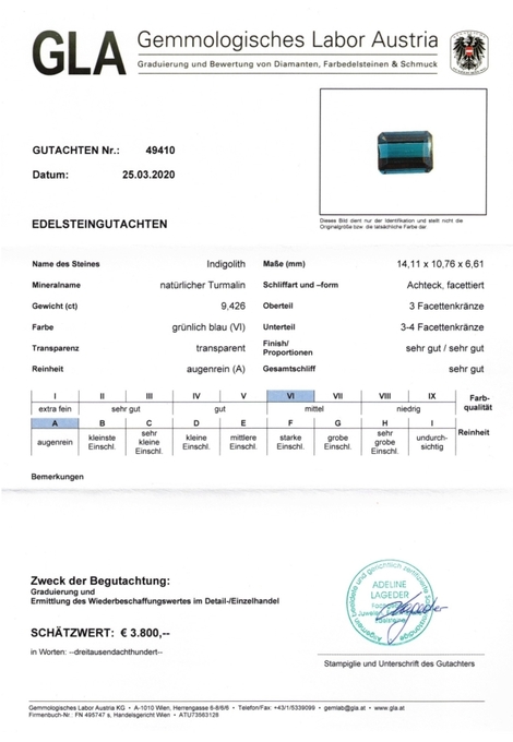 Gutachten zu Indigolith Turmalin octagon grünlich blau 9,42 ct