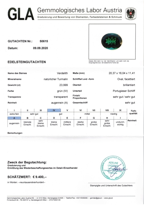 Gutachten zu Verdelith Turmalin oval grün 23,99 ct