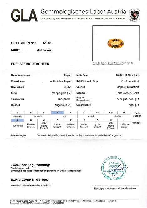 Gutachten zu Imperial Topas oval gelborange 8,05 ct