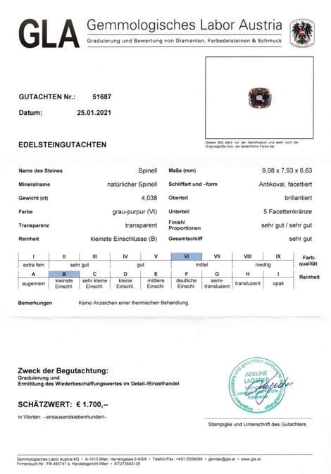 Gutachten zu Spinell antikoval gräulich-lavendel 4,03 ct