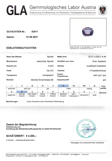 Gutachten zu Spinel oval lilac untreated 5.20 ct