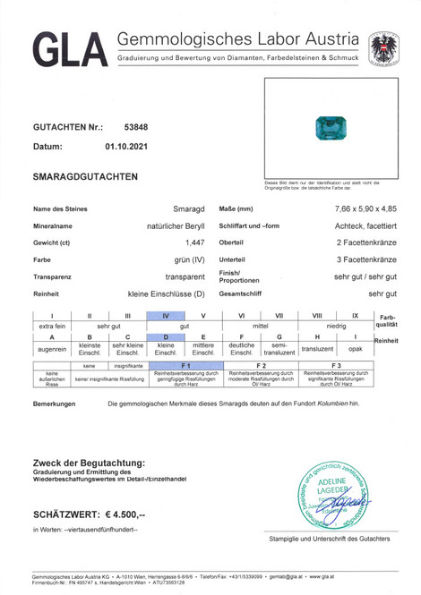 Gutachten zu Smaragd octagon grün 1,44 ct