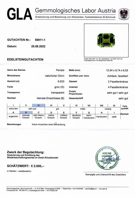 Gutachten zu Peridot octagon grün unbehandelt 6,63 ct.