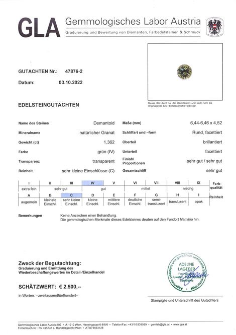 Gutachten zu Demantoid Granat rund-brillantiert 1,36 ct