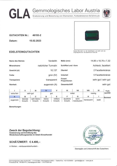 Gutachten zu Verdelith Turmalin octagon 10,13 ct