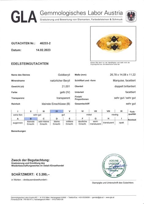 Gutachten zu Golden Beryl marquise golden yellow 21.00 ct.