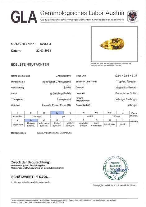 Gutachten zu Chrysoberyll Tropfen gelb 9,07 ct