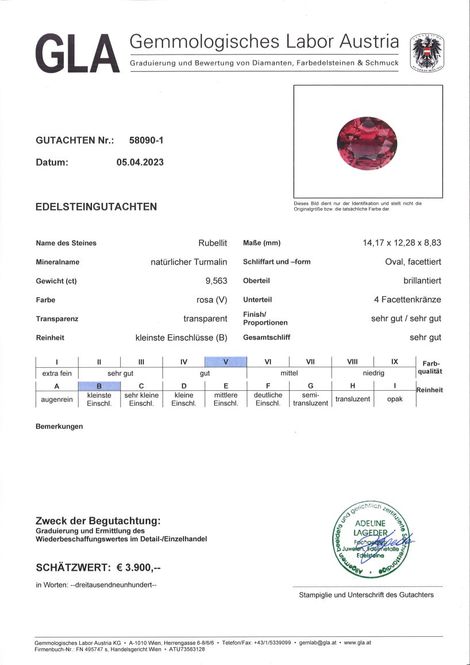 Gutachten zu Rubellit Turmalin oval rosarot 9,56 ct