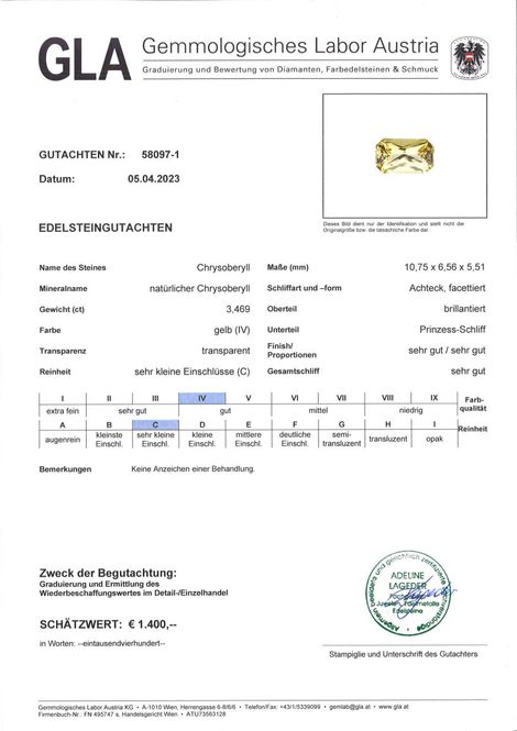 Gutachten zu Chrysoberyll octagon-princess gelb 3,46 ct.