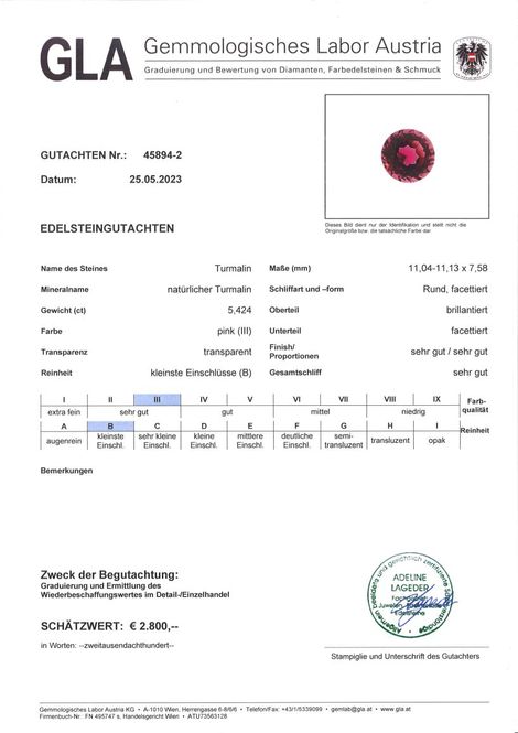 Gutachten zu Tourmaline round vivid pink 5.42 ct
