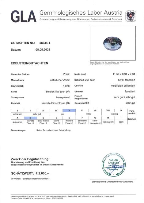 Gutachten zu Zoisit oval bläulich grün ungebrannt 4,87 ct.