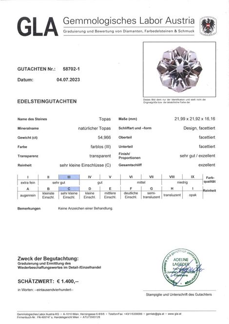 Gutachten zu Topas design-octagon farblos 54,96 ct