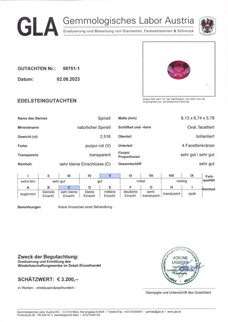 Gutachten zu Spinell oval purpurrot 2,51 ct