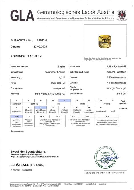 Gutachten zu Saphir octagon gelbgrün ungebrannt 4,31 ct