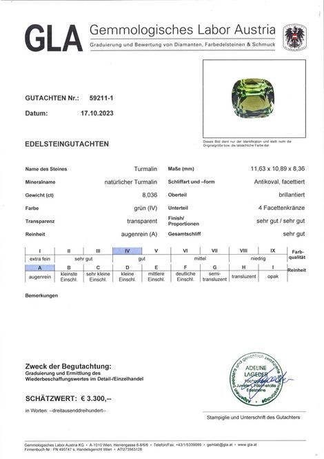 Gutachten zu Verdelith Turmalin antik grün 8,03 ct