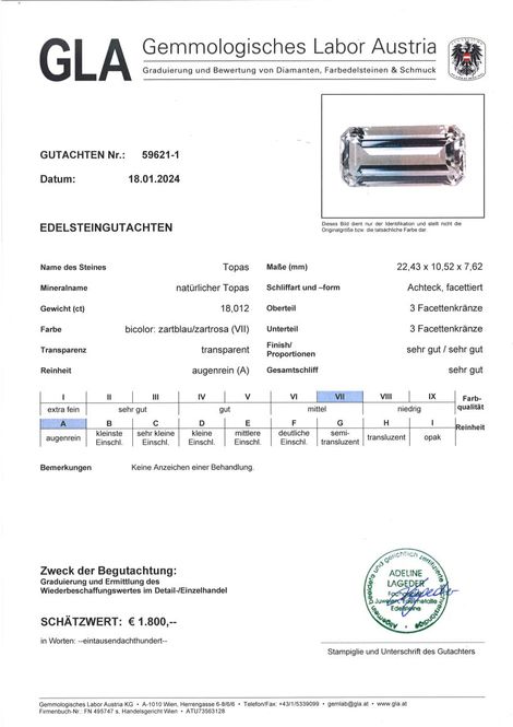 Gutachten zu Bicolor-Topas octagon zartblau+zartrosa 18,01 ct