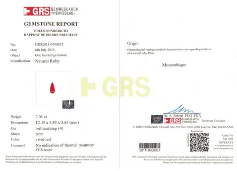 Gutachten zu Rubin Tropfen purpurrot ungebrannt 2,01 ct