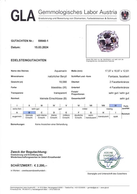 Gutachten zu Aquamarin Design-Achteck zartblau 19,08 ct