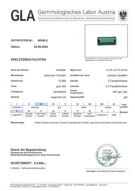 Gutachten zu Verdelith Turmalin octagon grün 13,29 ct