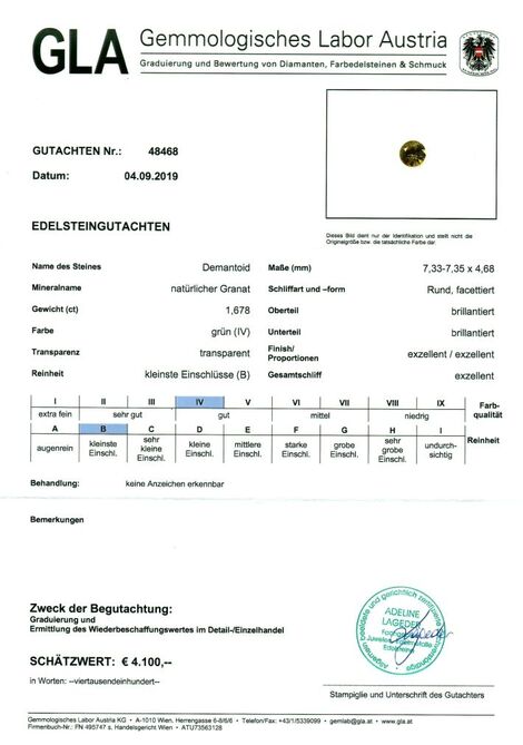 Gutachten zu Demantoid Granat rund-brillantiert grün 1,67 ct