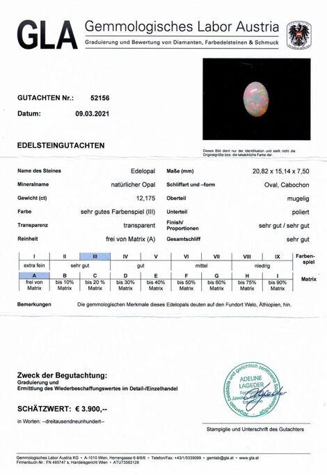 Gutachten zu Edelopal Cabochon oval 12,17 ct.