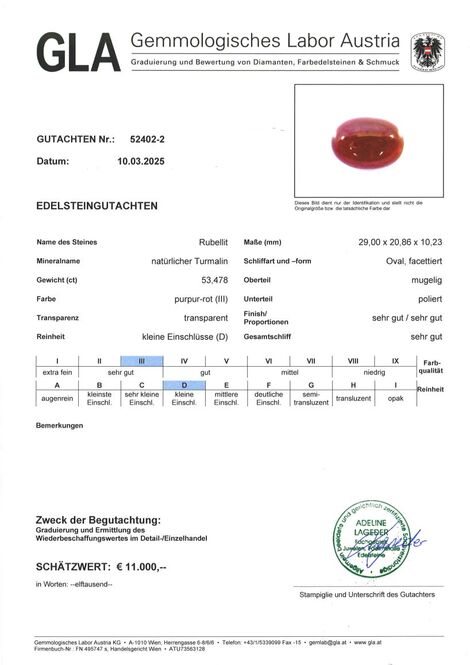 Gutachten zu Rubellite Tourmaline cabochon oval purple red 53.47 ct