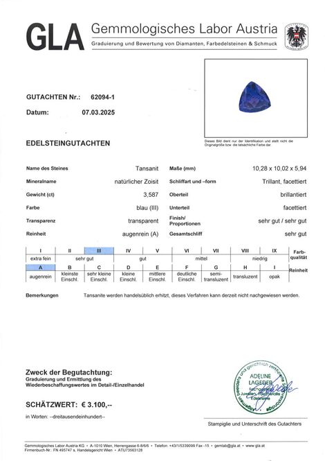 Gutachten zu Tansanit Trillion intensives Blau 3,58 ct.