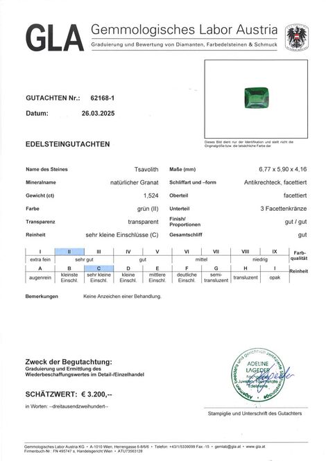 Gutachten zu Tsavorit Granat antik intensives Grün 1,52 ct