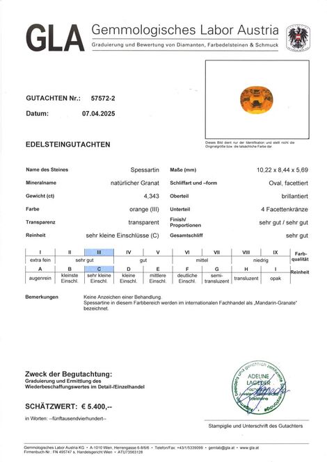 Gutachten zu Mandarin-Granat oval intensives Orange 4,34 ct.