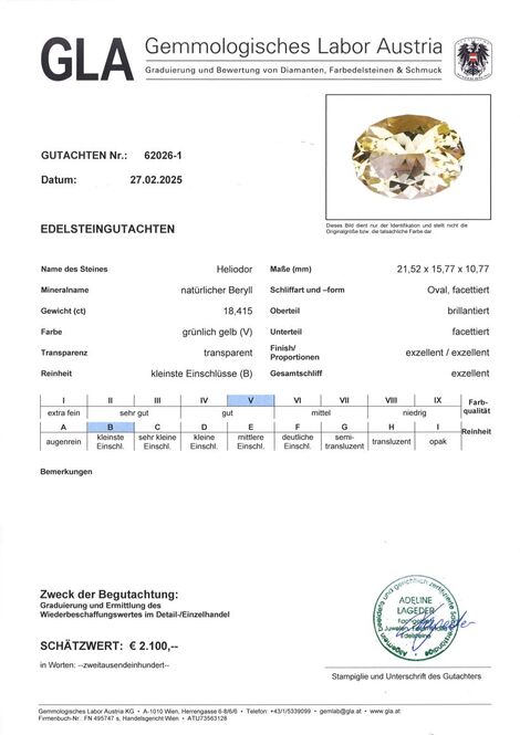 Gutachten zu Heliodor Beryll oval grünlich gelb 18,41 ct.