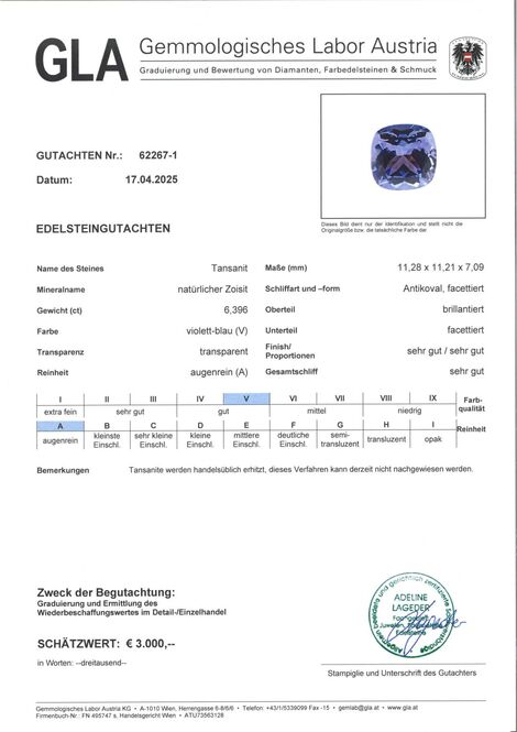 Gutachten zu Tansanit antik blau 6,39 ct.