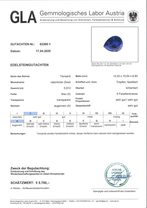 Gutachten zu Tansanit Tropfen intensives Blau 5,913 ct.