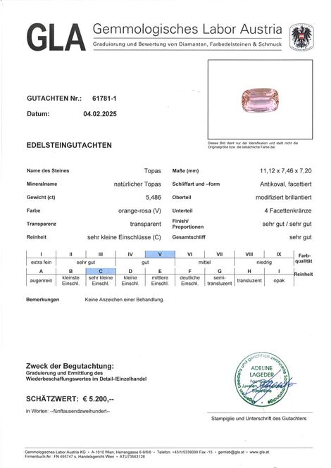 Gutachten zu Topas antik orange-rosa unbehandelt 5,48 ct.