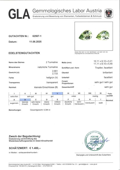 Gutachten zu Turmalin Duo Tropfen hellgrün 5,39 ct.